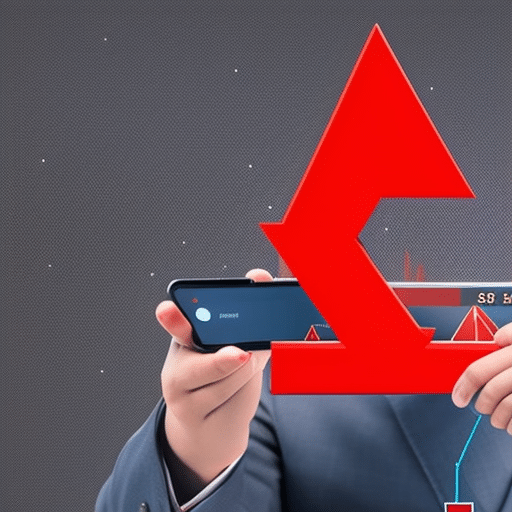 A dynamic image of a person holding up a smartphone with a graph of Ethereum's value increasing over time, with a red arrow pointing to '0