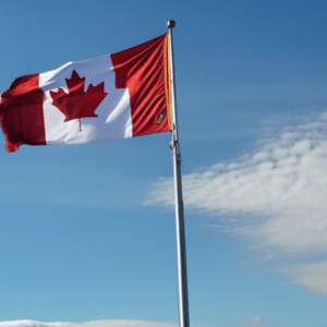 And green Canadian flag waving in the wind, with a digital gold Ethereum coin, hovering above it