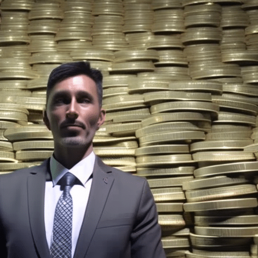 Vidual in a suit, standing in front of a large pile of cash, with a smartphone in one hand and a handful of Ethereum coins in the other