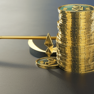 of Ethereum coins topped with a pair of golden scales, representing the balance of staking and selling