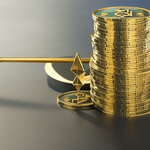 of Ethereum coins topped with a pair of golden scales, representing the balance of staking and selling