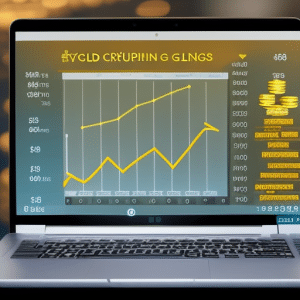 T image of a person pointing to a laptop screen with a graph of a rising crypto-currency line, gold coins, and a calculator