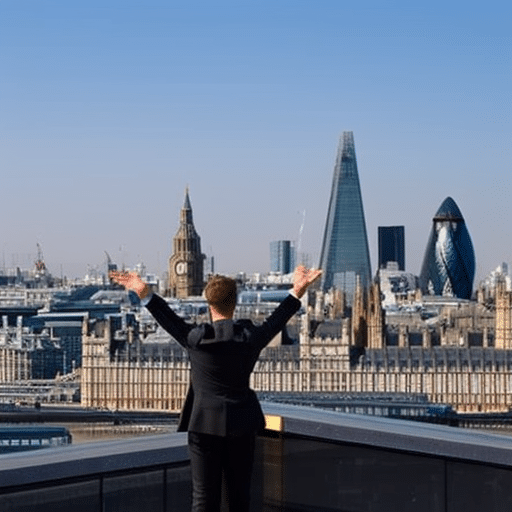 A person in the UK holding a stack of physical Ethereum coins, with a background of the London skyline