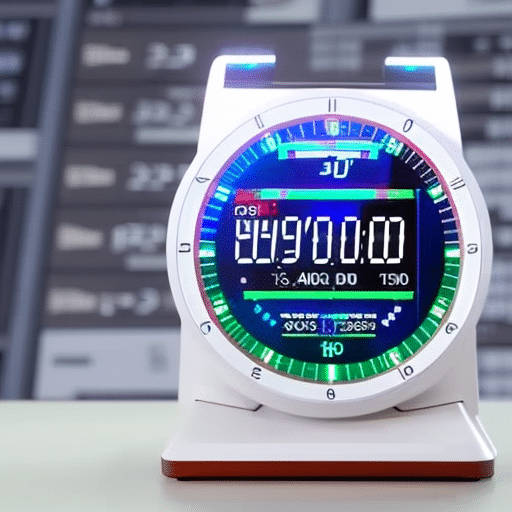 Alarm clock with a graph of Ethereum prices in the background, the clock's hands set to a specific time
