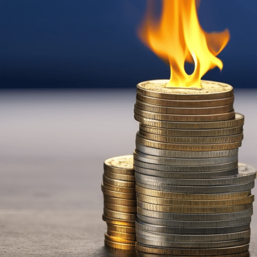 of coins with a bright yellow flame burning underneath, signifying the cost of staked Ethereum gas fees