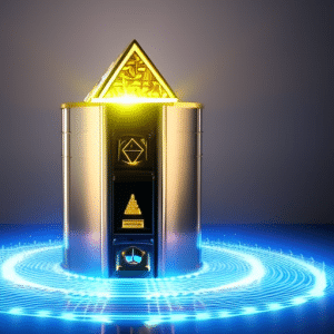 Ndering of a safe with a gold lock and a glowing blue Ethereum symbol on top, surrounded by a bed of coins and a light illuminating from within