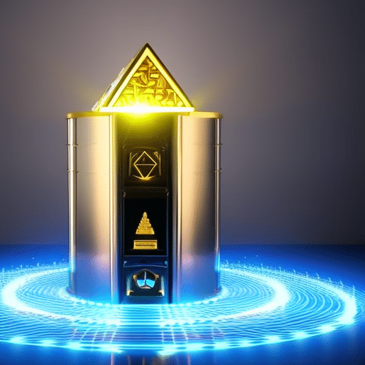 Ndering of a safe with a gold lock and a glowing blue Ethereum symbol on top, surrounded by a bed of coins and a light illuminating from within