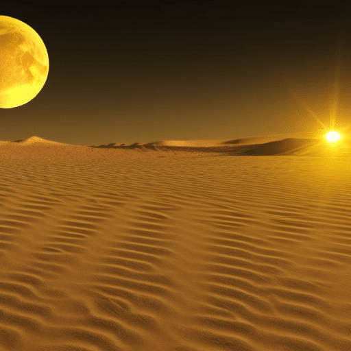T yellow sun hovering over a darkened desert landscape with a tall stack of ethereum coins standing in the middle