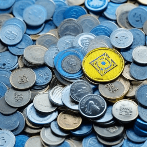 T yellow ETH coin atop a pile of smaller blue coins with a lighter blue coin in the foreground, as if unstaked