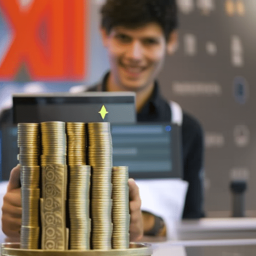 N holding a stack of Euros with an Ethereum logo in the background and a cash register in the foreground