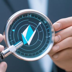 -up of a person's hand using a magnifying glass to inspect a graph with Ethereum prices in a complex digital interface