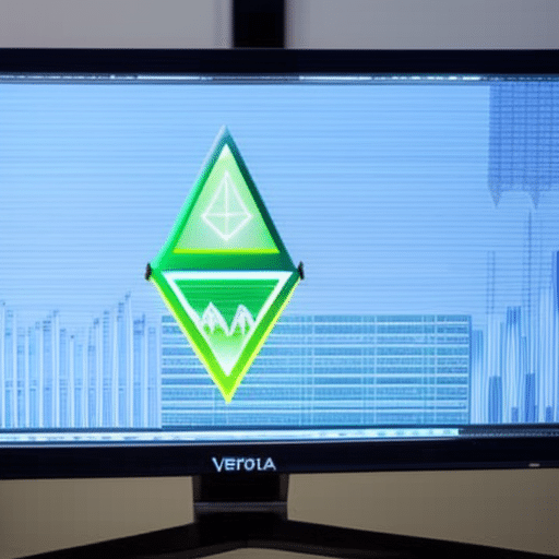 -up of a computer monitor displaying a graph of the Ethereum currency with arrows pointing up and down