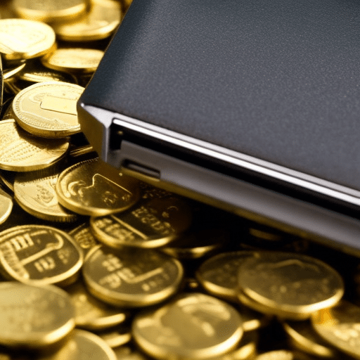 Holding a USB drive with a padlock securing it, surrounded by a pile of gold coins and a laptop in the background