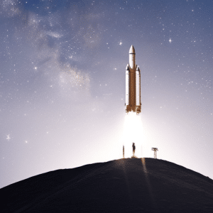 An image displaying a soaring rocket with a Bitcoin symbol on its side, blasting through a starry night sky towards the moon, while a group of silhouetted experts stand in awe below