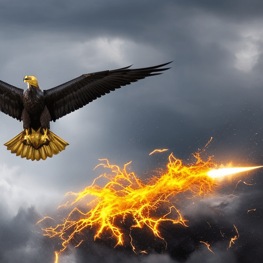 An image showcasing an intense battle between a fierce, golden Bitcoin bull and a powerful, ethereal Ethereum eagle soaring through a stormy sky, as they clash with electrifying force