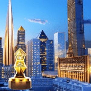 An image showcasing a vibrant, futuristic cityscape with towering skyscrapers adorned with glowing Ethereum logos