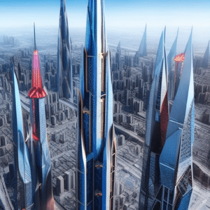 An image showcasing a vibrant, futuristic metropolis with towering skyscrapers representing Ethereum's explosive growth