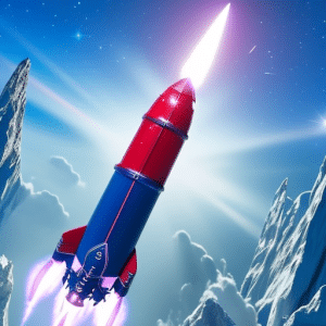 An image featuring a vibrant rocket soaring through a star-studded cosmos, leaving a trail of glowing Ethereum symbols in its wake