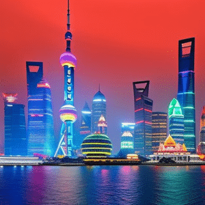 Ing image capturing Shanghai's iconic skyline ablaze with the vibrant colors of Ethereum, symbolizing the city's technological leap forward