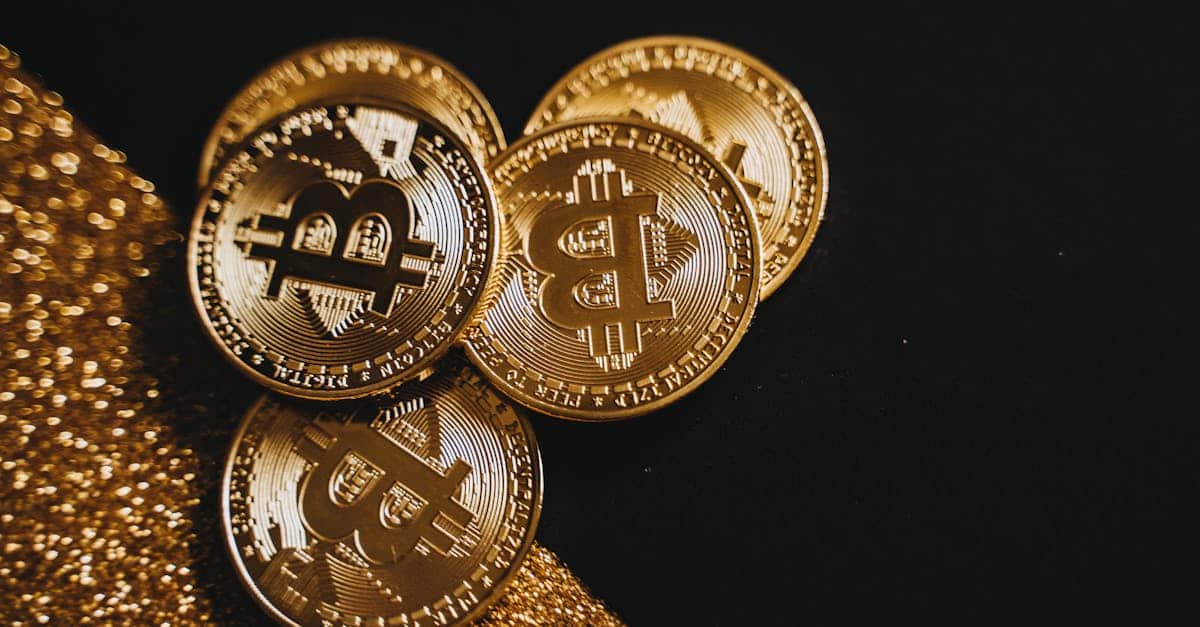a detailed close up shot of shiny bitcoin coins resting on a glittery surface symbolizing wealth in