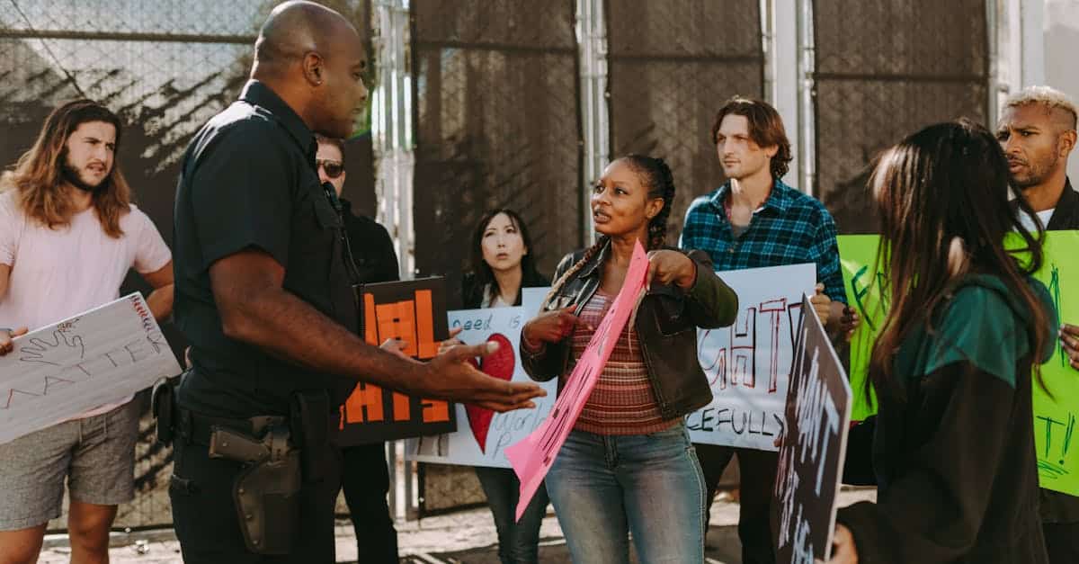 a diverse group of people engaged in a peaceful protest outdoors discussing with a police officer 1