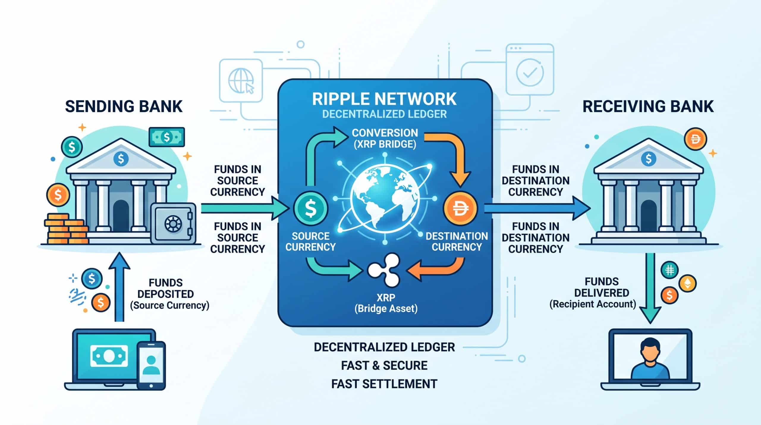 Ripple News: XRP Price Moves, SEC Case Ended, Partnerships 1 Diagram of a cross-border payment flowing from a sending bank through the Ripple network, using XRP as a bridge asset, to a receiving bank.